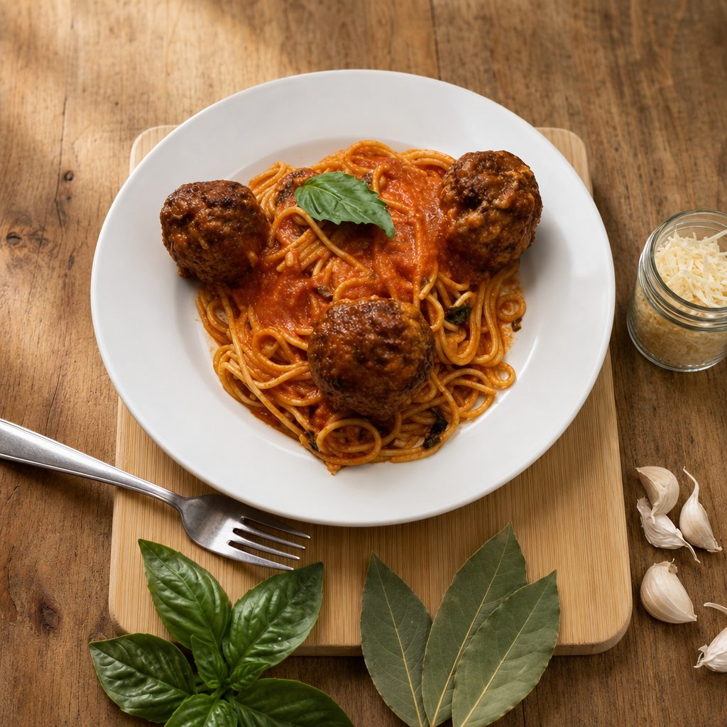 Spaghetti Marinara with Beef Meatballs.