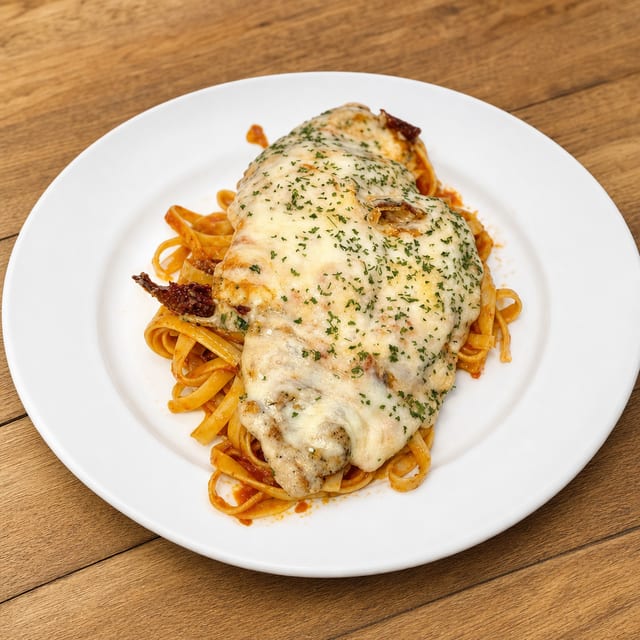 Grilled Chicken Parmesan with Tomato Sauce.